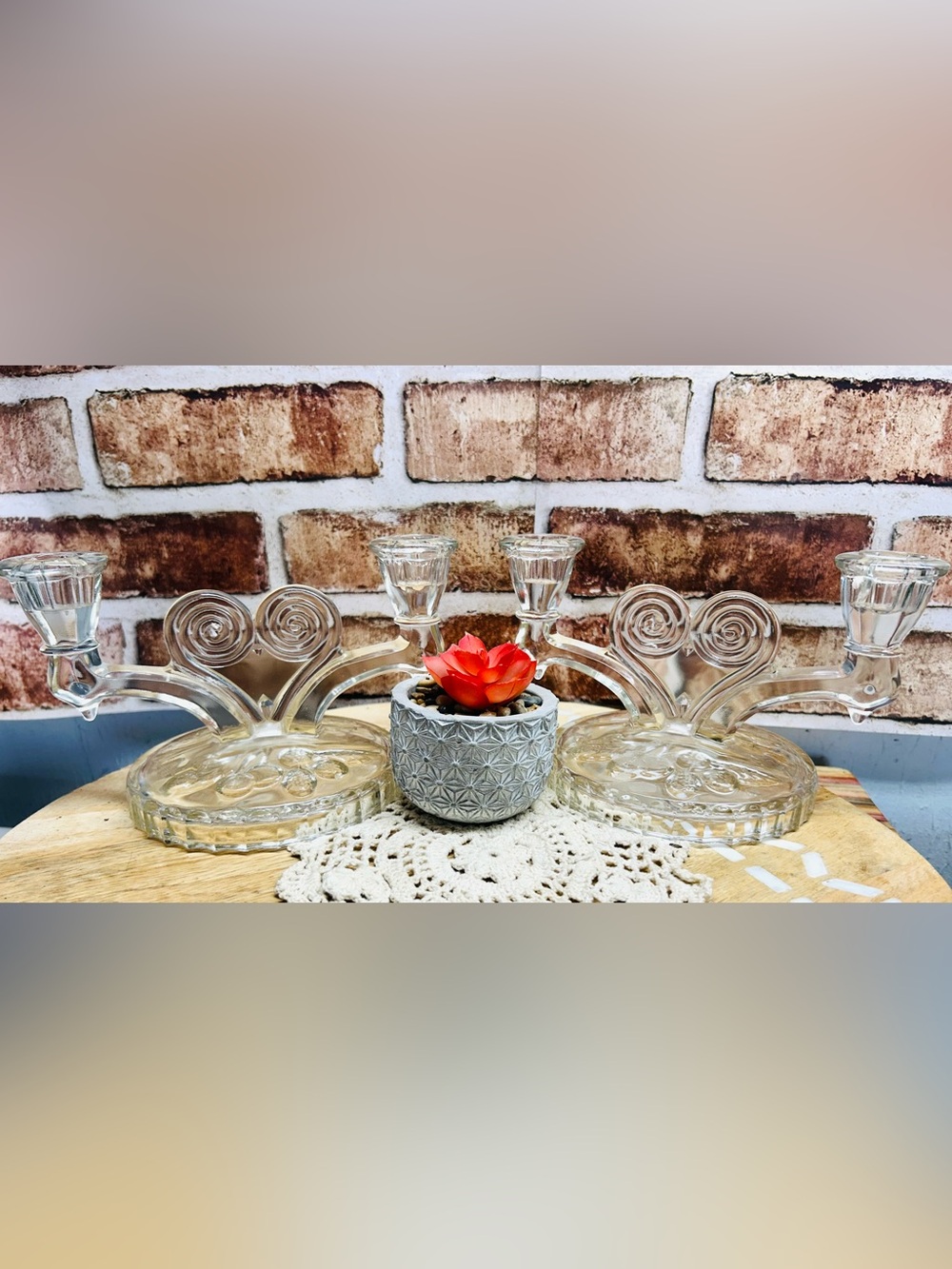 MidCentury Jeannette Glass COSMOS Clear Double Light Candlestick Candleholders